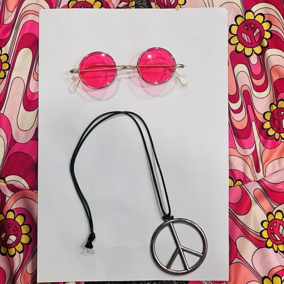 Pink Flower Power Bell Bottom Pants Necklace & Sunglasses Hippie LG - Picture 4 of 4